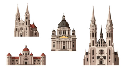 Obraz premium Set of detailed architectural illustrations depicting several famous European cathedrals and grand basilicas.
