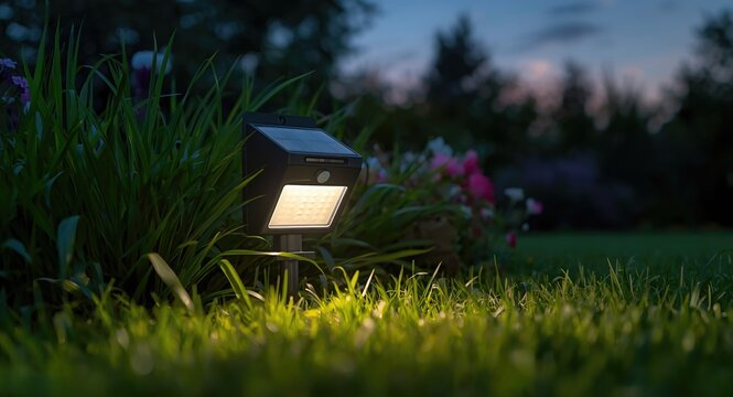 Energy efficient solar powered LED motion sensor light softly glowing in green garden at dusk