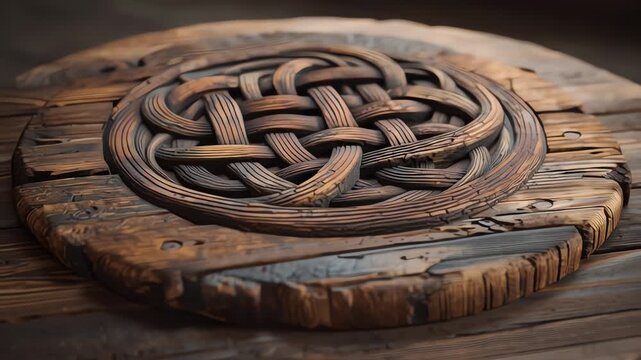Celtic knotwork on wooden surface.