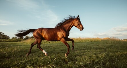 Obraz premium Exuberant pet horse running full length on a verdant green grass lawn summer glow