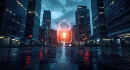 Obraz premium Cyber protection illustrated by a bright padlock hologram in a dark cityscape
