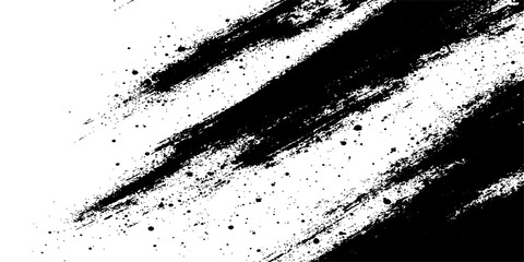 An abstract black and white grunge background featuring a dirty ink splat and liquid paint splashes creates a textured vector art design with a spray drip border and a stained brush pattern