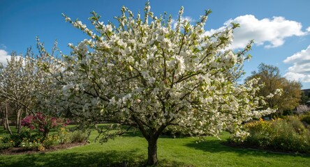 A pear tree blossoming beautifully in a sunlit spring garden