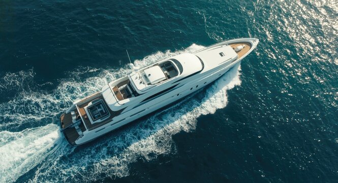 Drone shot of a massive white yacht cutting through ocean waters swiftly