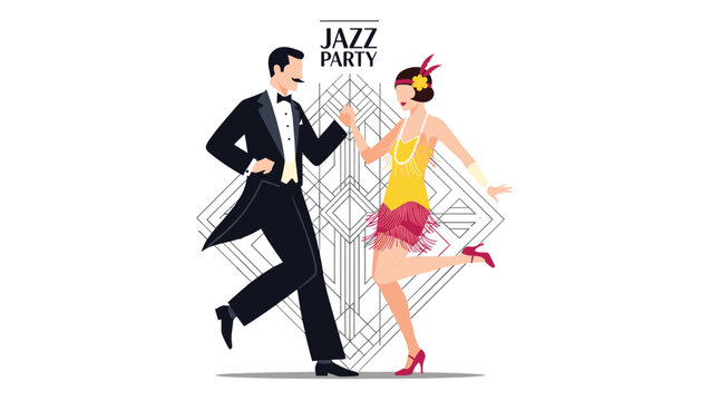 Sophisticated couple in nineteen twenties attire dancing energetically at a jazz party with a geometric art deco background.