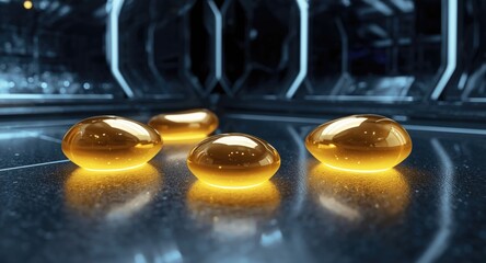 Luminous golden five set on a glossy reflective floor in a sleek futuristic space with sparkling light highlights