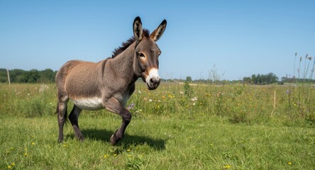 Lively domestic donkey playing outdoors on a lush summer green lawn full length scene with copy space