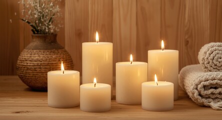 Flickering candles in a natural wooden spa setting for relaxation