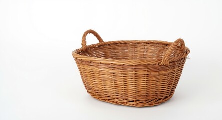 Fototapeta premium Classic vintage wicker basket with intricate weaving design placed on a clean white background for decor and storage