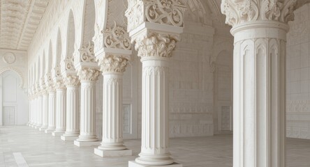 Obraz premium Aligned white whitepillars adorned with complex gypsum motifs enhancing interior structural beauty