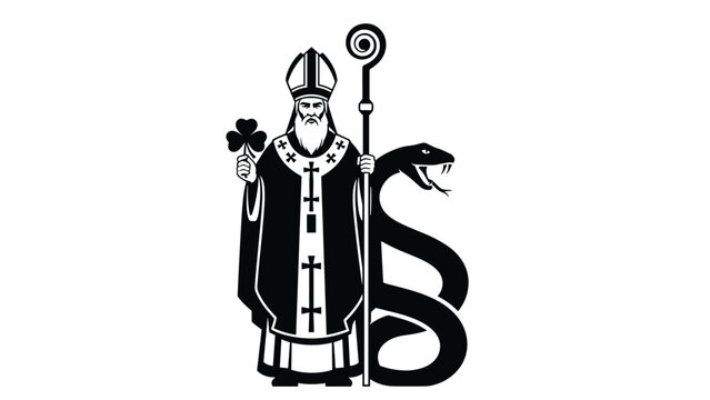 Black and white graphic icon representing Saint Patrick holding a shamrock and a staff beside a large coiled snake symbol.