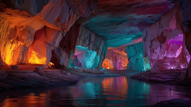 Colorful Cave with Water Reflections Inside.