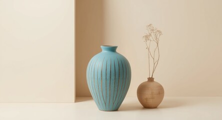 Arrangement showing a mediumsized sky blue vase with brown grooves and a small beige vase set against a beige background