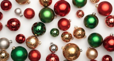 Festive colored baubles isolated against a minimalist white backdrop