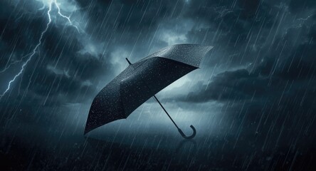 Black umbrella in stormy rain lit by lightning with a gentle blurred background effect