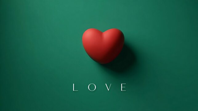 centered red heart on deep green background with soft shadow and wide copy space conveying modern love emotion for valentine season branding, minimal romantic concept with elegant calm mood