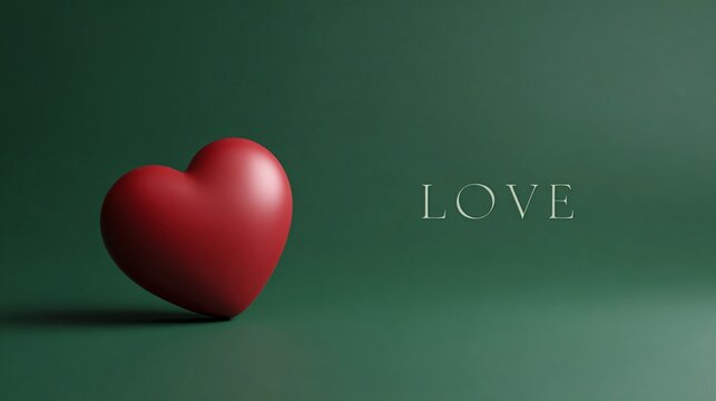minimal red heart on deep green background with generous copy space expressing timeless love emotion for romantic branding, valentine marketing visuals, calm elegant concept