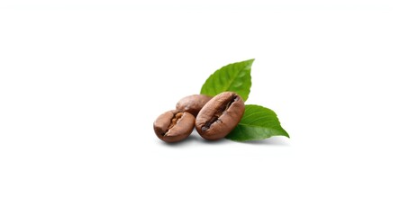 Isolated three roasted coffee beans with green leaves on a white backdrop