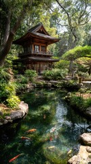 Tranquil Japanese garden with koi pond