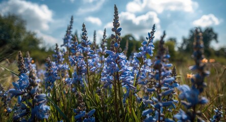 Naklejka premium Blue flowers blossoming vividly in sunny weather with expansive sky and flourishing greenery