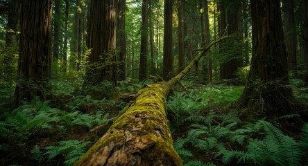 Center of a dense forest showing a fallen tree trunk covered in moss surrounded by thick tall tree growth