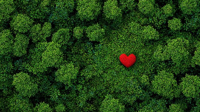 red heart accent on dense green foliage pattern with rich natural texture and wide copy space, romantic spring valentine concept symbolizing love, harmony, sustainability and calm organic design
