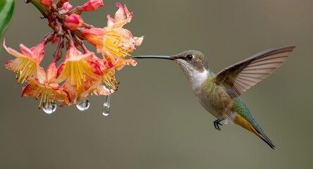 Naklejka premium Content hummingbird in flight feeding on raindrops near vibrant terrestrial blossoms