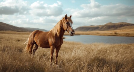 Obraz premium Calm brown and white horse standing elegantly in tall golden grassland next to peaceful water under a gently clouded sky with copy space