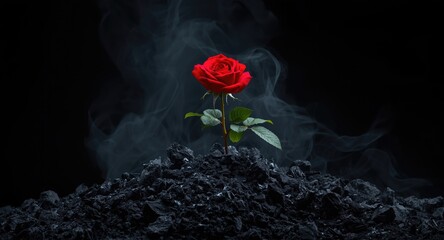 Bright red rose thriving on a heap of smoky ashes