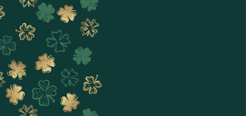 Patricks Day, Gold Clover pattern on green, hand drawn illustrations.