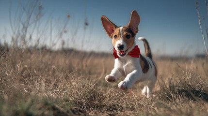 Cute Jack Russell Terrier Puppy Running in Field with Red Bowtie