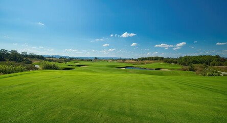 Obraz premium Bright sunny day with vibrant green golf course grass landscape