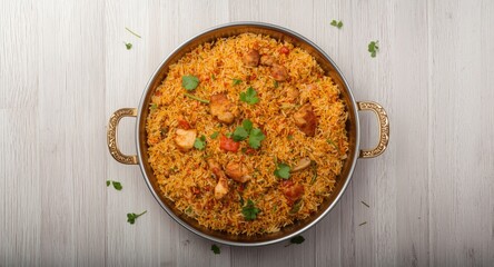 Indian non veg spicy chicken biryani with aromatic spices and basmati rice overhead view