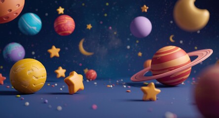 Naklejka premium Artistic 2D scene combining 3D cartoon planets stars and moons within a vast imaginative galactic backdrop