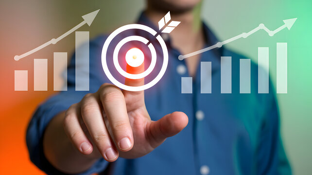 Businessman pointing to a target with graphs and charts in the background for goals and strategy planning