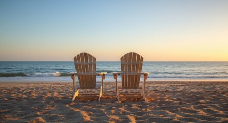 Fototapeta premium Investment strategy concept portrayed by two empty chairs on beach with ocean view symbolizing retirement goals