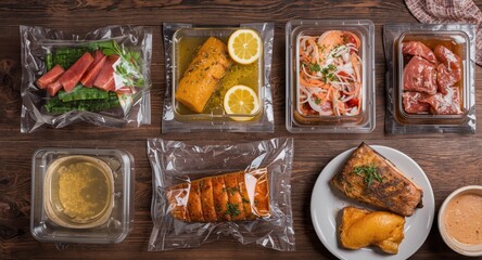 Flat lay of sous vide cooking vacuum sealed foods on aged wood surface including copy space