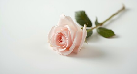 Fototapeta premium Isolated light pink rose flower with detached leaf and bud on white