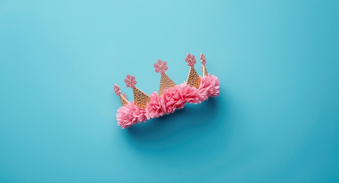 Blue copy space background with pink and gold birthday crown headband flat lay