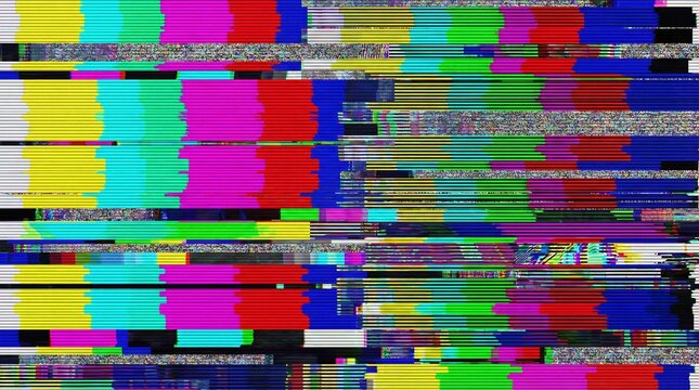 Abstract digital video signal interference displays vibrant horizontal color bars and heavy static noise.