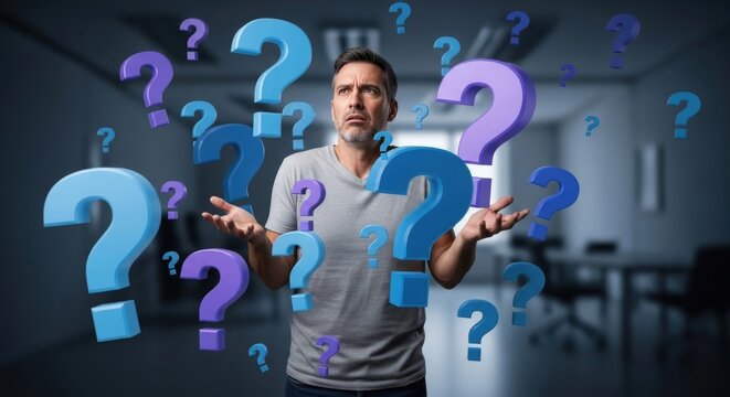 Man Surrounded by Question Marks in Office.