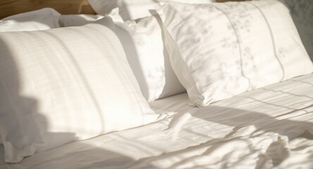 Close up photograph of a flawlessly made bed with white pillows and sheets in warm sunlight