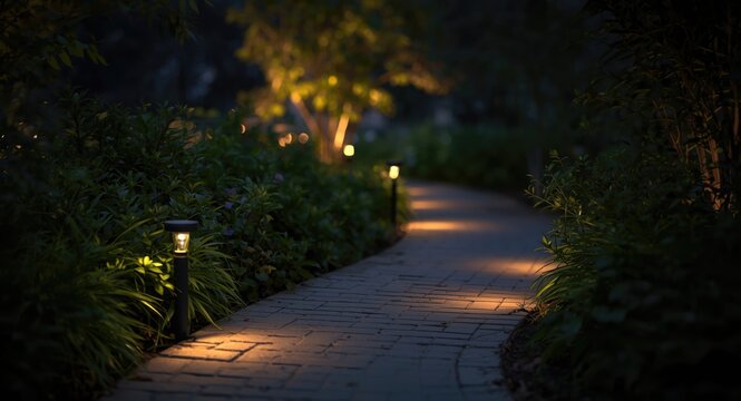 Garden walkway lit by solar sensor LED light with natural plants under soft dusk light
