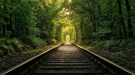 Obraz premium Sunlit Railway Tracks Disappearing into a Magical Lush Green Forest Tunnel
