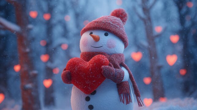 frost covered snowman in red knit hat and scarf holding textured heart during gentle snowfall in forest setting with glowing bokeh lights, cozy valentine winter scene with natural depth