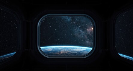 Fototapeta premium Globe observation from a space vessel window amid interstellar voyage