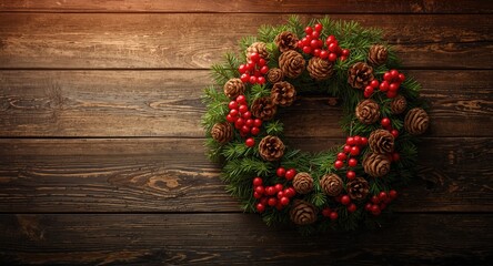 Festive rustic wreath decorated with pine cones and red berries on wooden surface for holiday celebrations