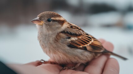 sparrow perched on human hand in snowy winter close up