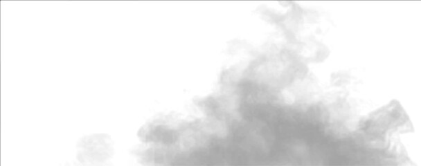 Gray smoke drifts under white cloud on white background with haze. Mist and steam shape atmospheric phenomena, creating realistic fog, vapor, thunder, storm mood with fire burning flame. PNG vector. © Mirotvoric
