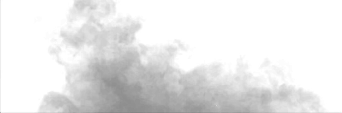 Smoky cloud spreads over white space while gray smoke rises with swirl movement. Atmospheric phenomena appear through mist and steam, producing realistic storm, thunder, vapor, fog effects. PNG vector